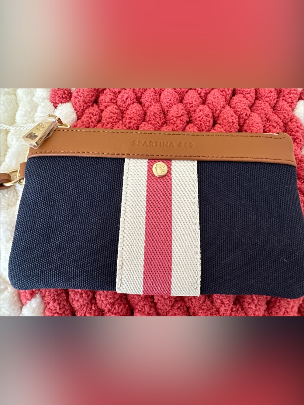 Spartina 449 Navy Canvas Wristlet with Tan Trim and Pink-White Stripe